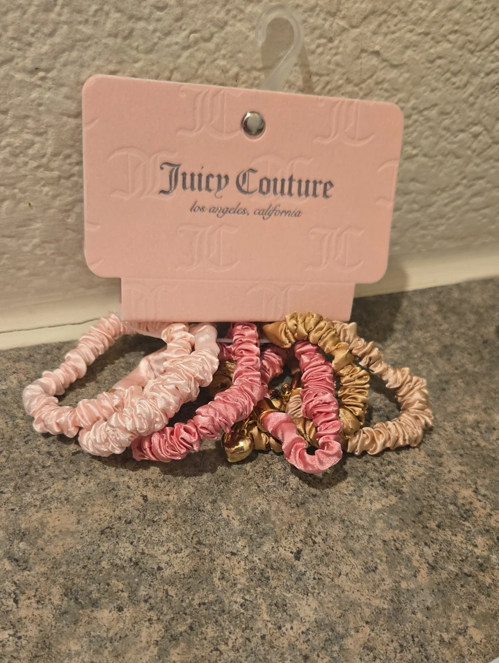 Juicy Couture Pink & Gold Satin Hair Scrunchie Set Of 6 New
